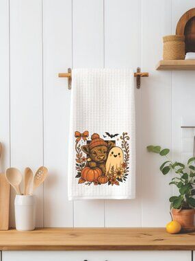 Highland Cow and Ghost Decorative Kitchen Tea Towel